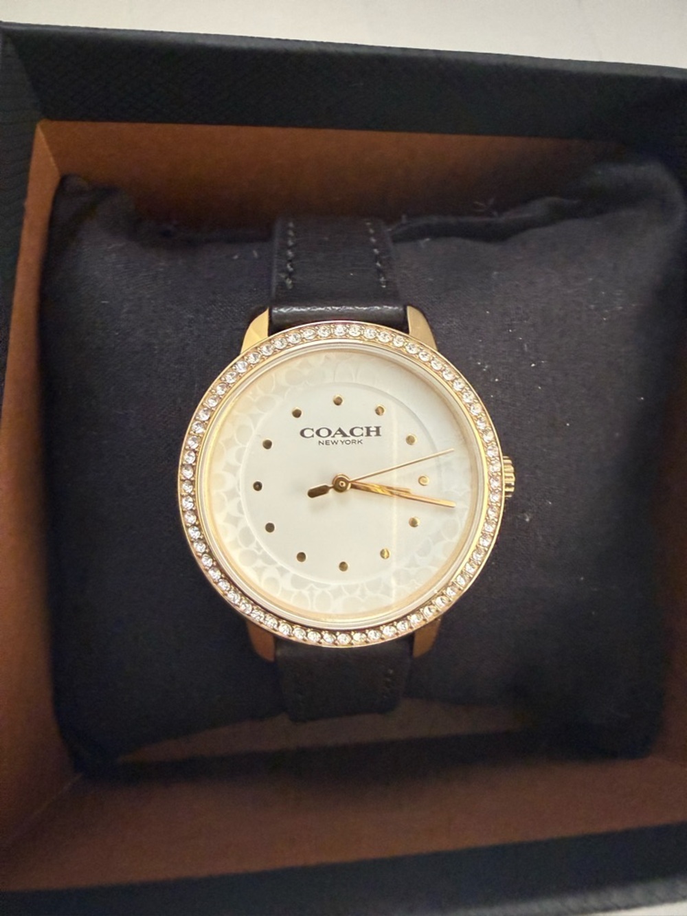 EUC COACH Women's Rayden Gold-Tone Crystal Bezel Black Leather Watch